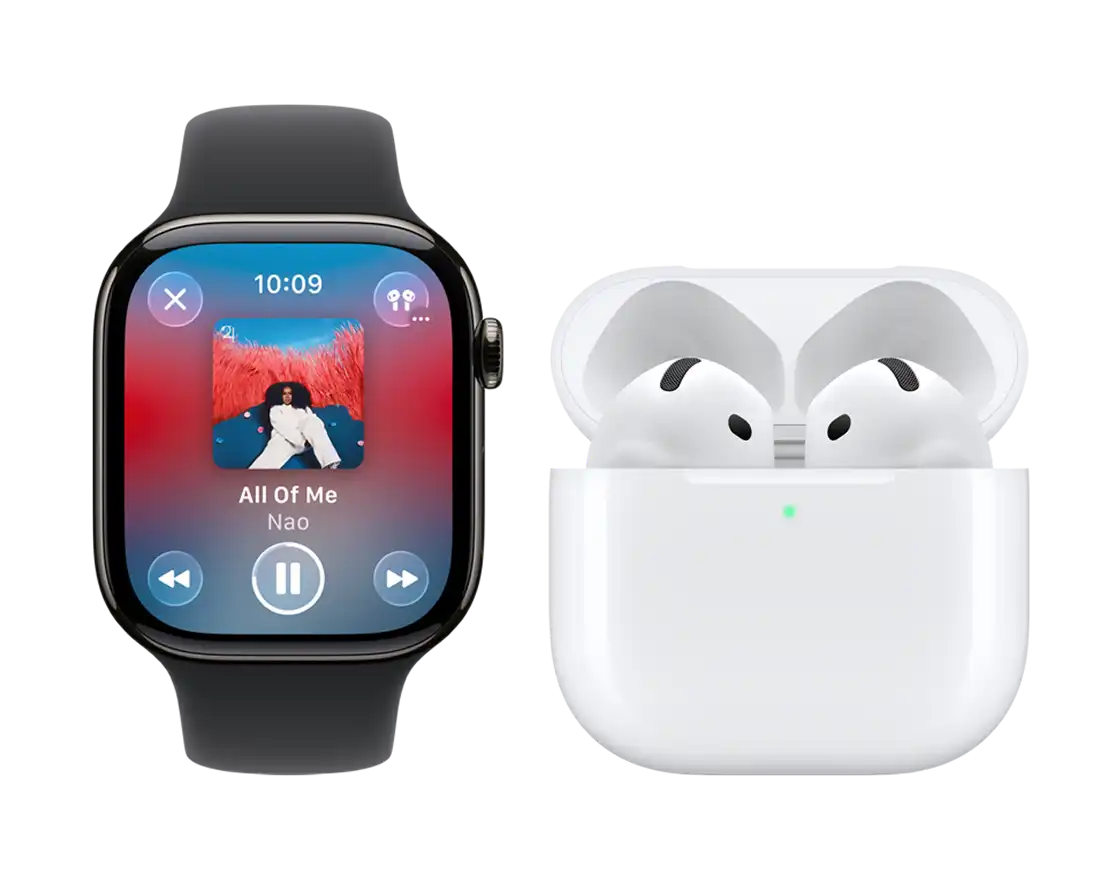Apple Watch és AirPods egymás mellett