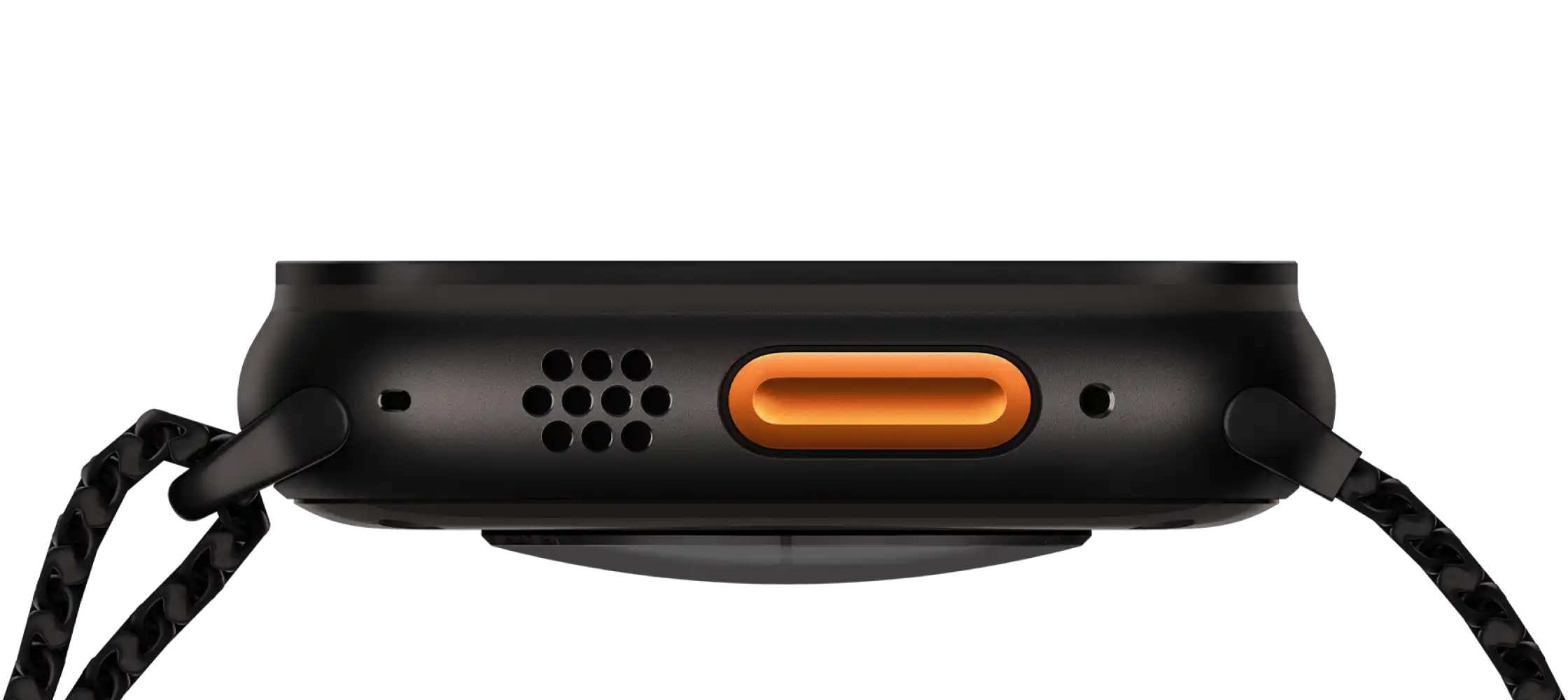 Apple Watch oldalnézetben, közelről látható egy narancssárga gomb.