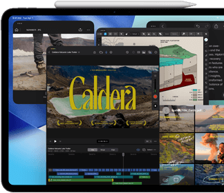 Asztrofekete iPad Pro szemből, fekvő tájolásban, a tetején Apple Pencil, a kijelzőn egymás mellé helyezve több alkalmazásablak,
      köztük a Final Cut Pro különböző videószerkesztési funkciókkal és idővonallal, a Térképek, a Jegyzetek és különféle médiaklipek